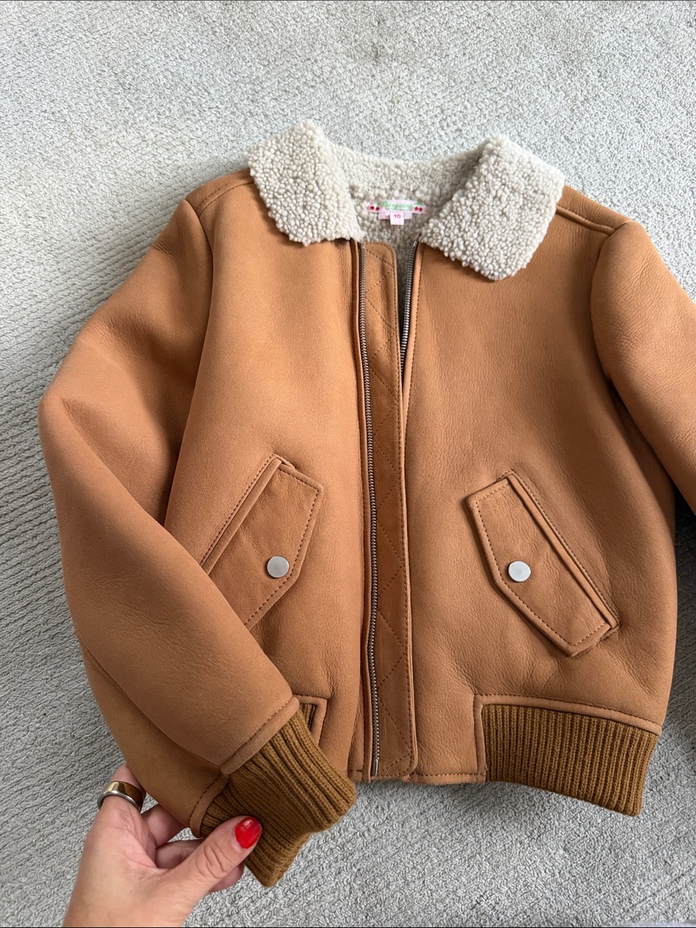 Brand new Bonpoint shearling leather Tan Bomber Jacket with Cream Sherpa Collar